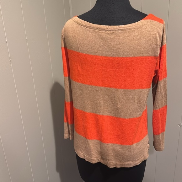 J. Crew rayon/linen blend tan/orange rugby stripe boatneck finely knit sweater. - Picture 3 of 4